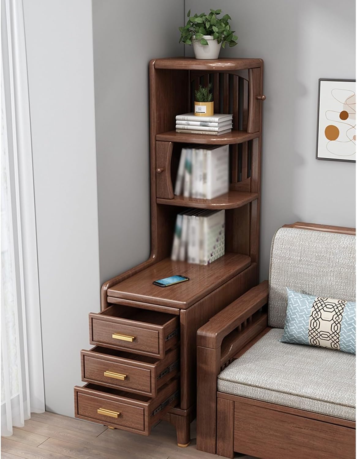 Sofa Side Table New Chinese Style Solid Wood Sofa Sideboard Walnut Sideboard Living Room Side Table Corner Table Sofa End Table Corner Storage Cabinet Creative Side Cabinet (Left)