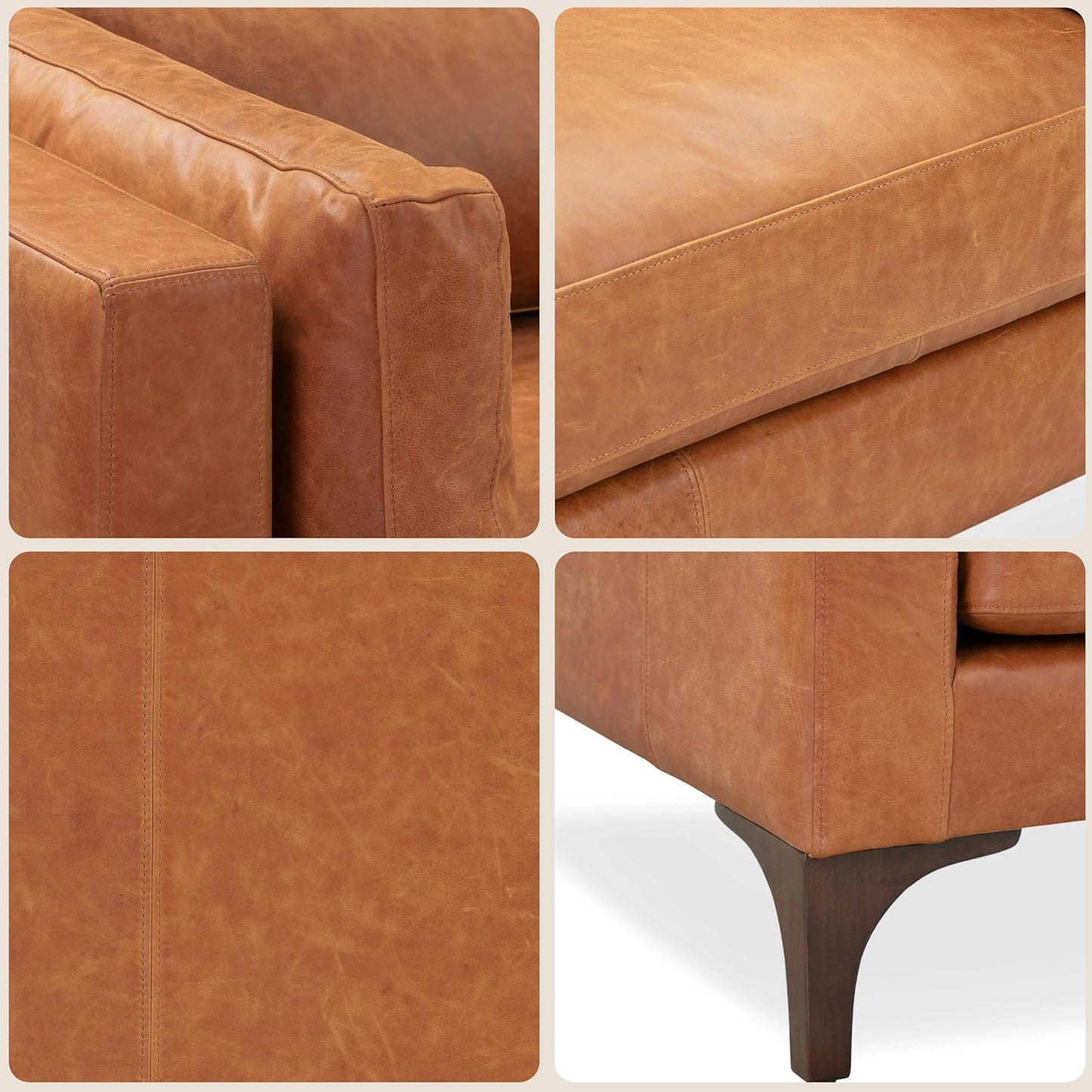 Poly & Bark Argan Leather Couch - 93 Inch Sofa - Full-Grain Leather Sofa for Living Room with Feather Down Topper - Living Room Couch - Pure Aniline Vintage Italian Leather in Cognac Tan