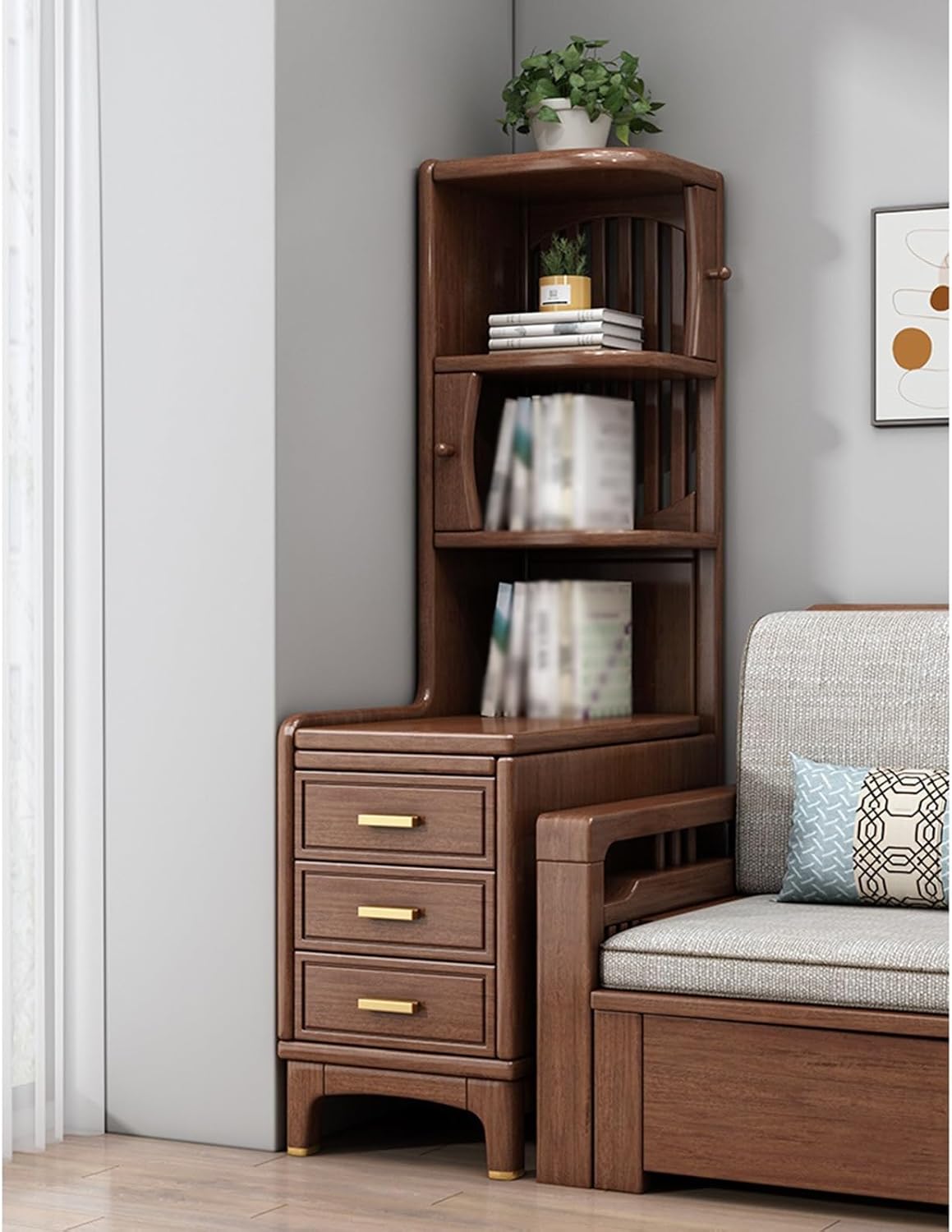 Sofa Side Table New Chinese Style Solid Wood Sofa Sideboard Walnut Sideboard Living Room Side Table Corner Table Sofa End Table Corner Storage Cabinet Creative Side Cabinet (Left)