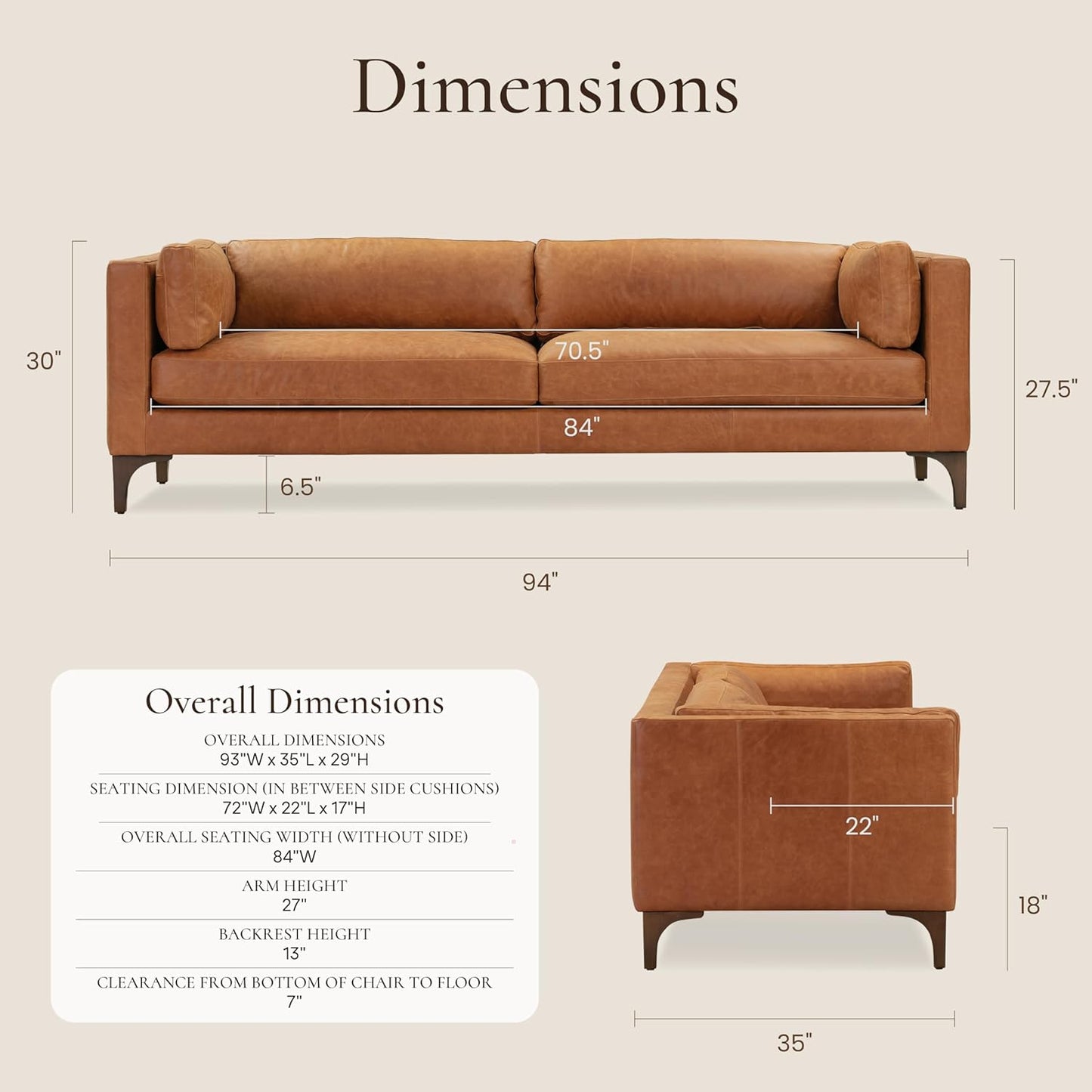 Poly & Bark Argan Leather Couch - 93 Inch Sofa - Full-Grain Leather Sofa for Living Room with Feather Down Topper - Living Room Couch - Pure Aniline Vintage Italian Leather in Cognac Tan