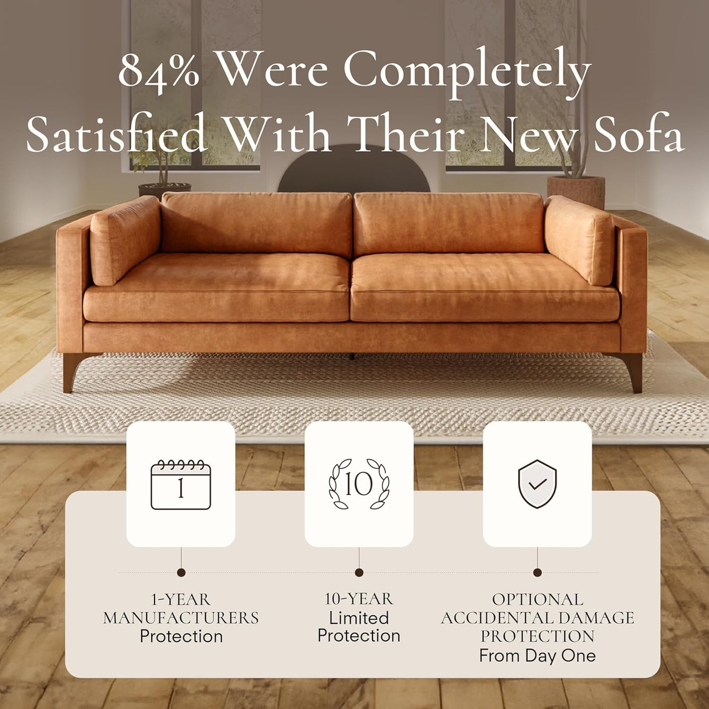 Poly & Bark Argan Leather Couch - 93 Inch Sofa - Full-Grain Leather Sofa for Living Room with Feather Down Topper - Living Room Couch - Pure Aniline Vintage Italian Leather in Cognac Tan