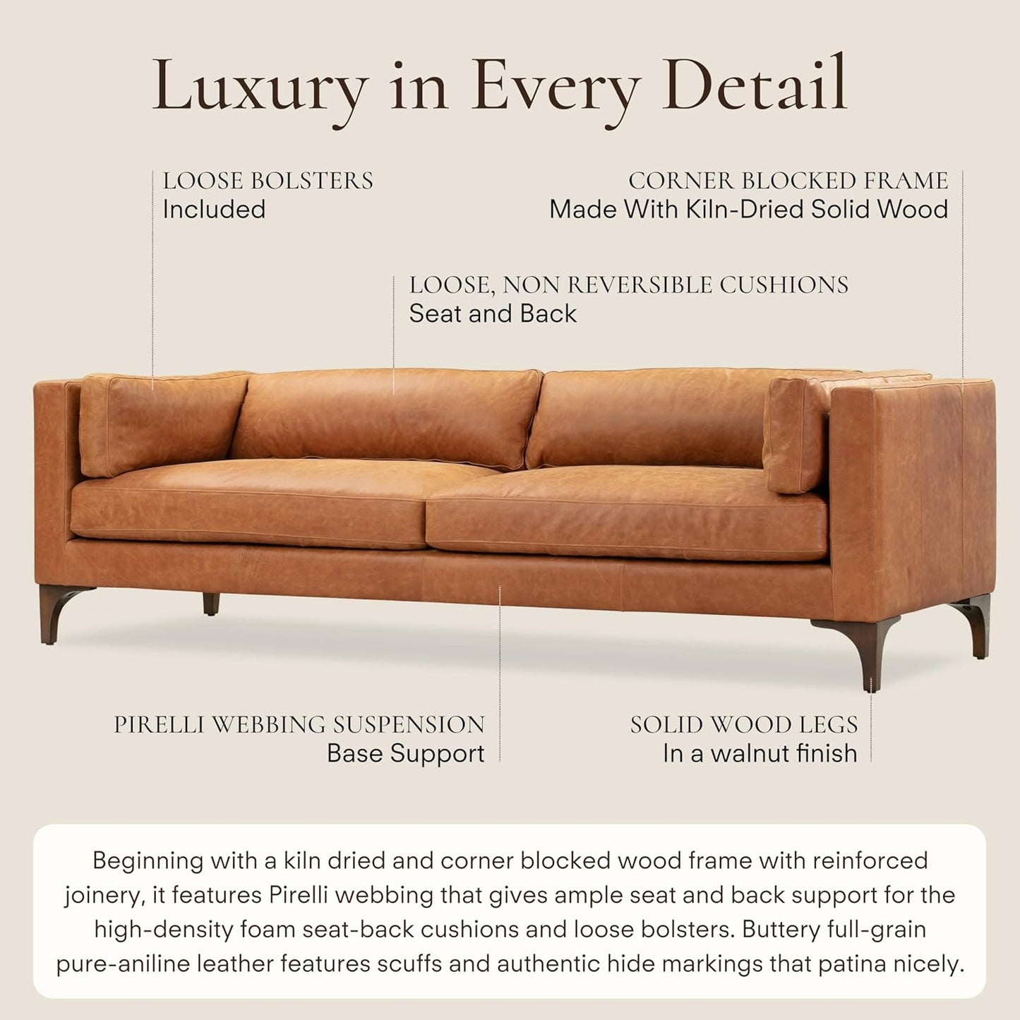 Poly & Bark Argan Leather Couch - 93 Inch Sofa - Full-Grain Leather Sofa for Living Room with Feather Down Topper - Living Room Couch - Pure Aniline Vintage Italian Leather in Cognac Tan