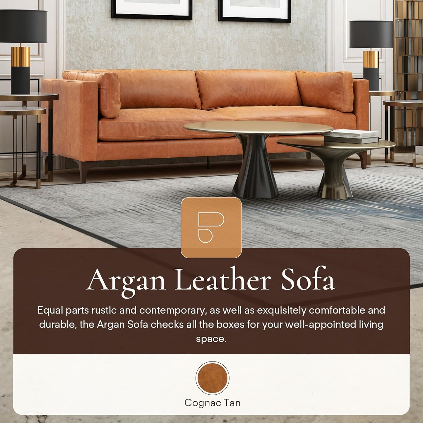 Poly & Bark Argan Leather Couch - 93 Inch Sofa - Full-Grain Leather Sofa for Living Room with Feather Down Topper - Living Room Couch - Pure Aniline Vintage Italian Leather in Cognac Tan